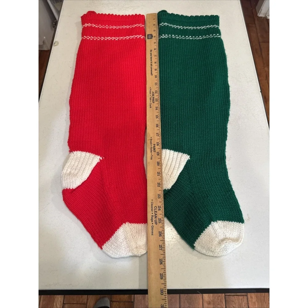 Hand Knit CHRISTMAS Stockings SANTA 3-D Holly and ANGEL‎ 3-D Wings XL 27